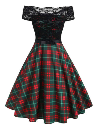 Plaids 1950s Lace Patchwork Swing Dress