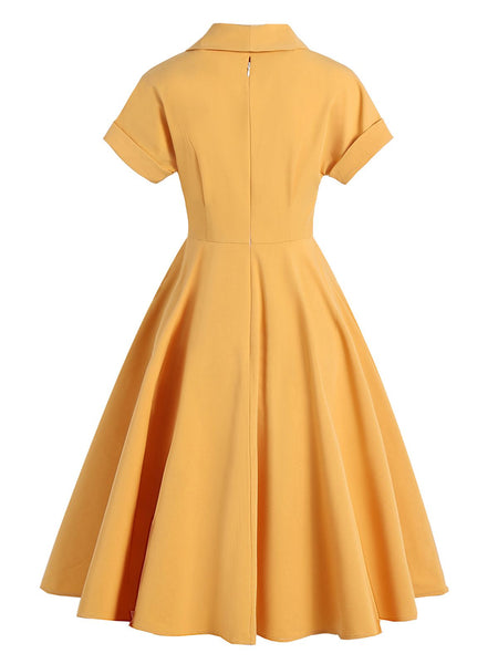 Yellow 1950s Solid Buttoned Swing Dress | Retro Stage
