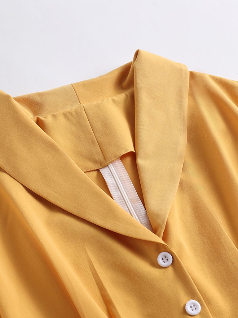 Yellow 1950s Solid Buttoned Swing Dress