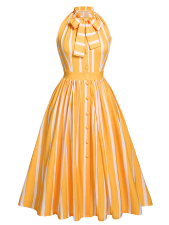 [US Warehouse] Orange 1950s Stripes Bow Swing Dress