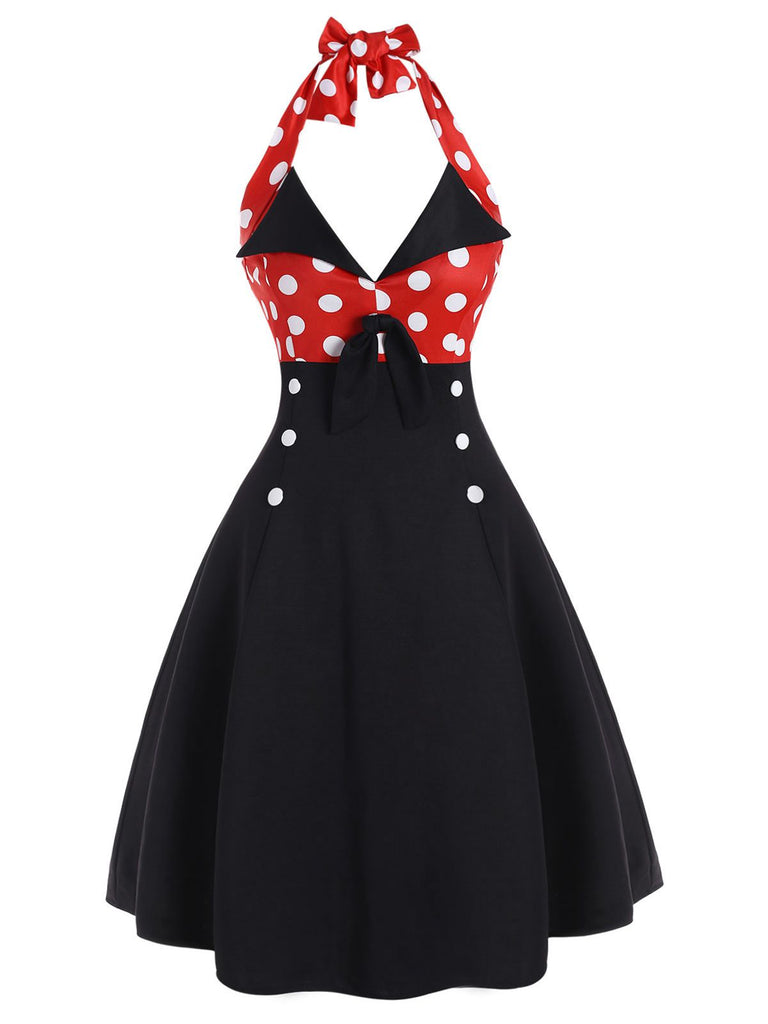 Black Red 1950s Halter Dot Swing Dress With Accessories Set