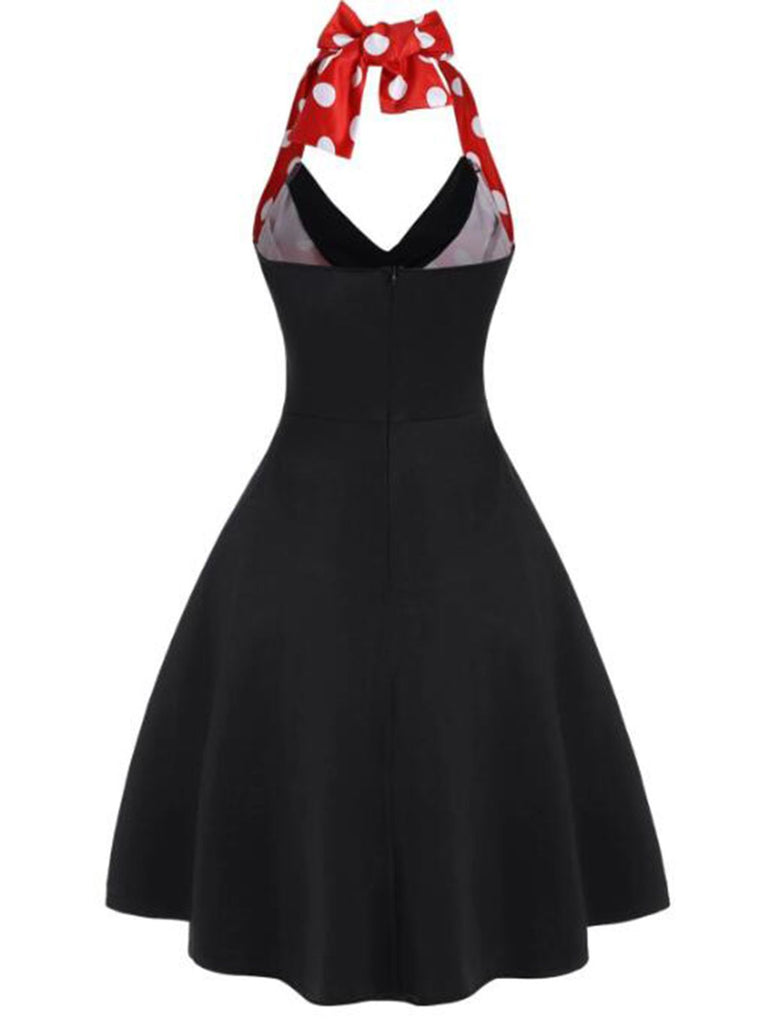 Black Red 1950s Halter Dot Swing Dress