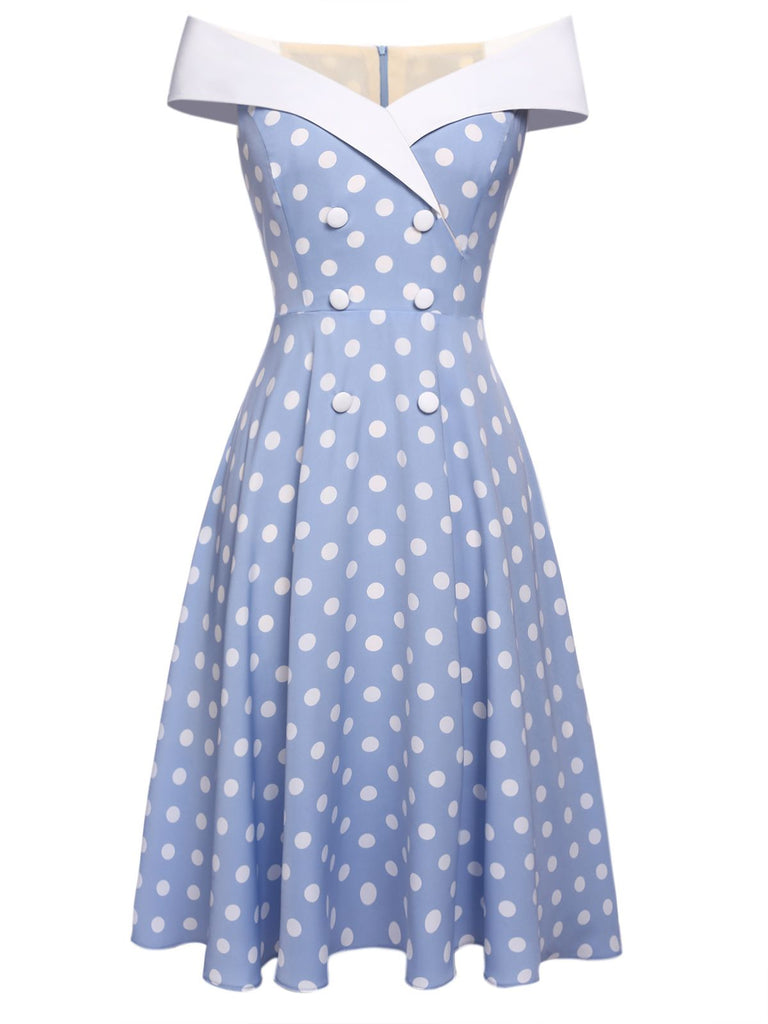 Sky Blue 1950s Off Shoulder Dots Dress