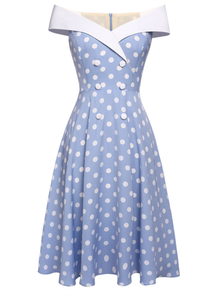 Sky Blue 1950s Off Shoulder Dots Dress