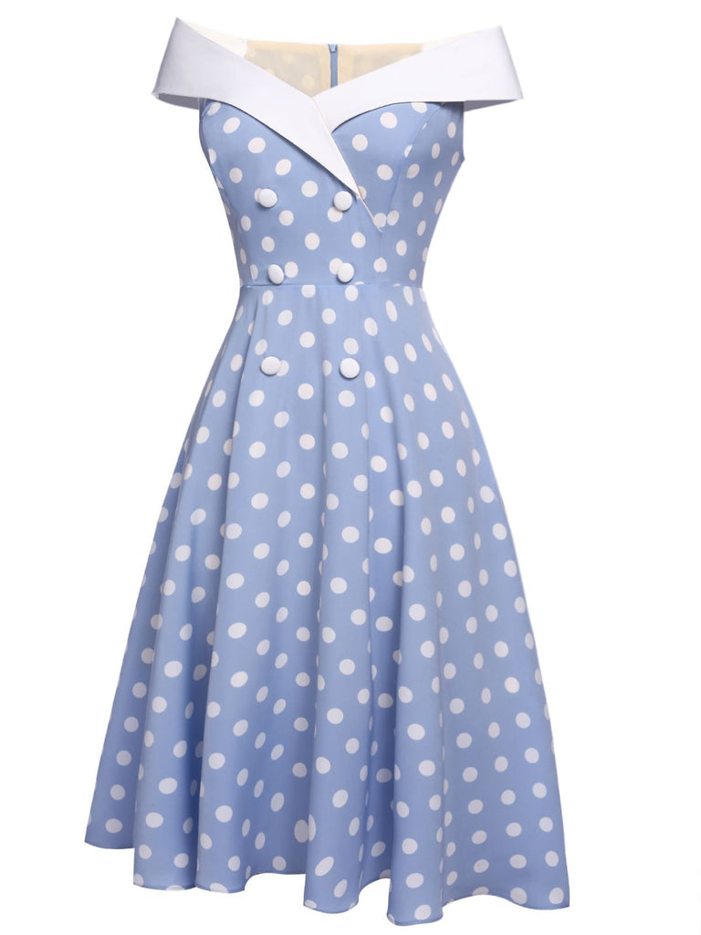 Sky Blue 1950s Off Shoulder Dots Dress