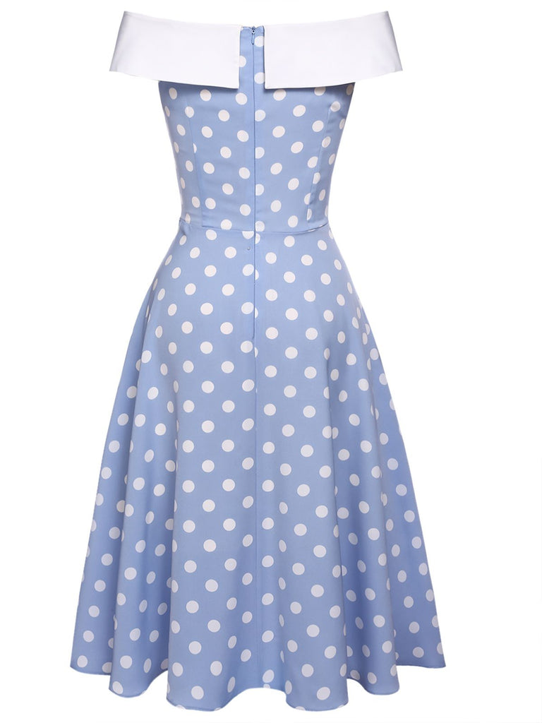 Sky Blue 1950s Off Shoulder Dots Dress