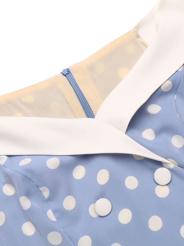 Sky Blue 1950s Off Shoulder Dots Dress