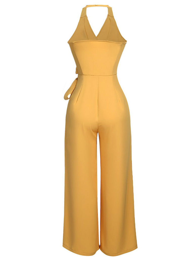 Yellow 1930s Halter Lace-Up Jumpsuit Retro Stage1