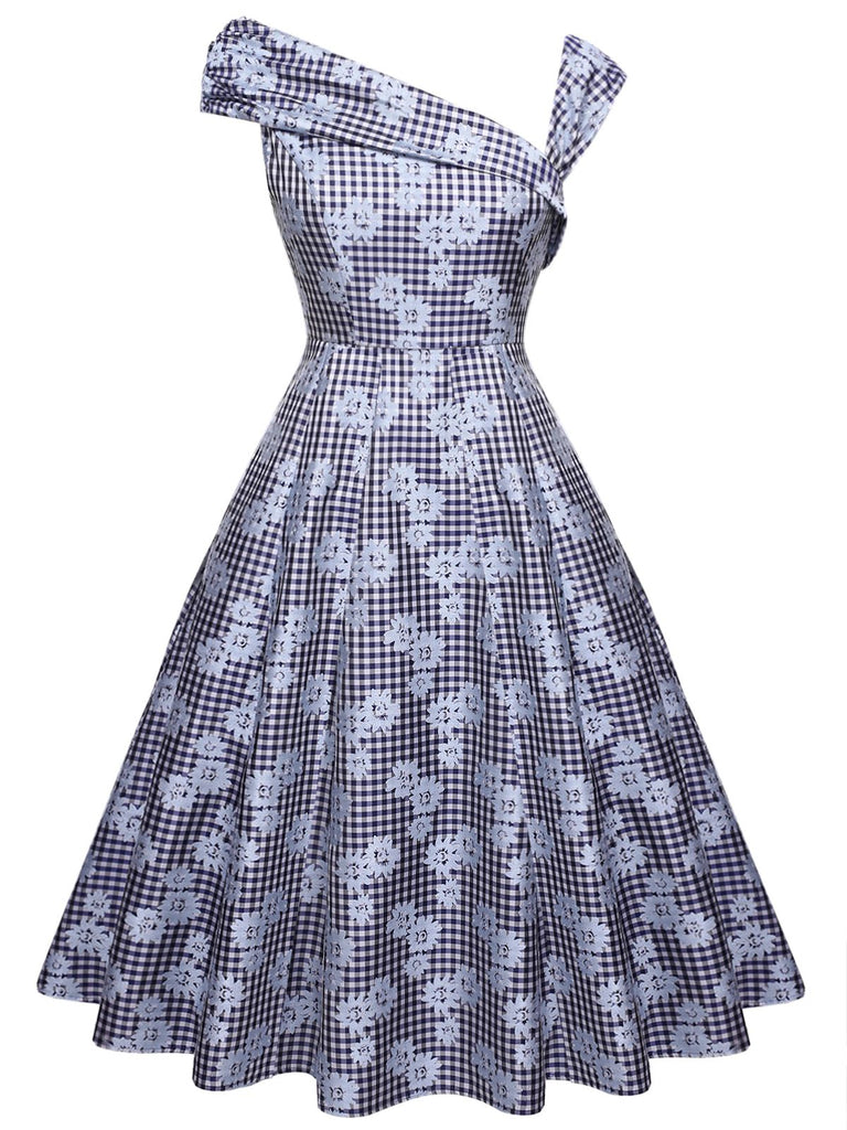 Navy Blue 1950s Off Shoulder Daisy Dress