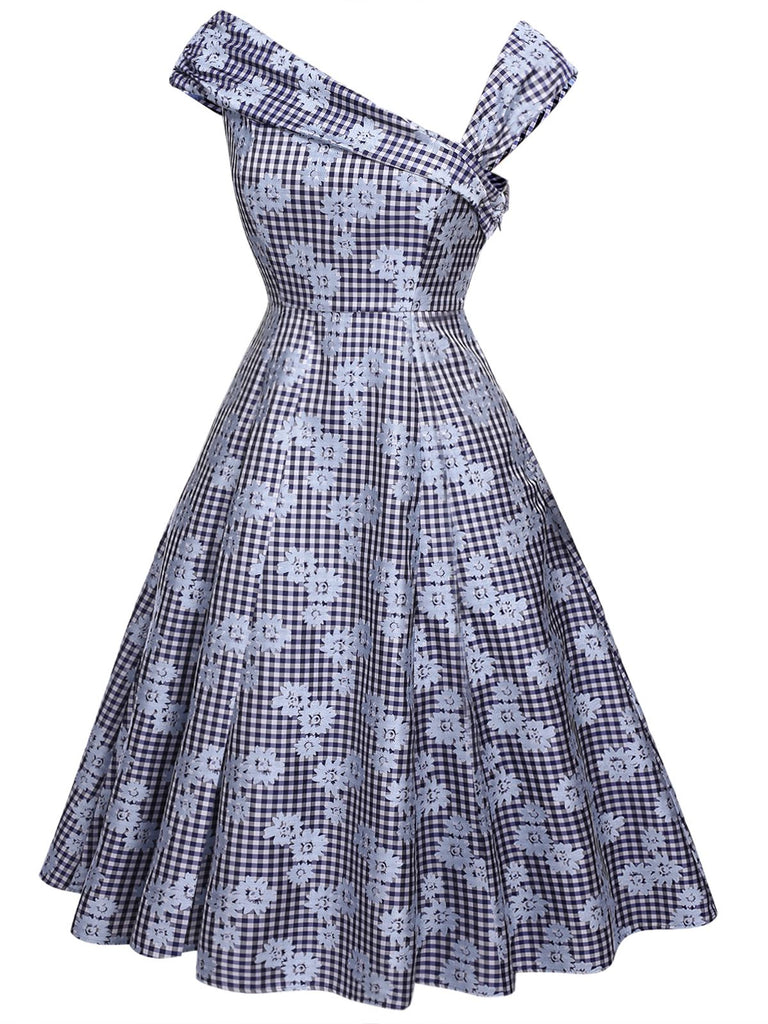 Navy Blue 1950s Off Shoulder Daisy Dress