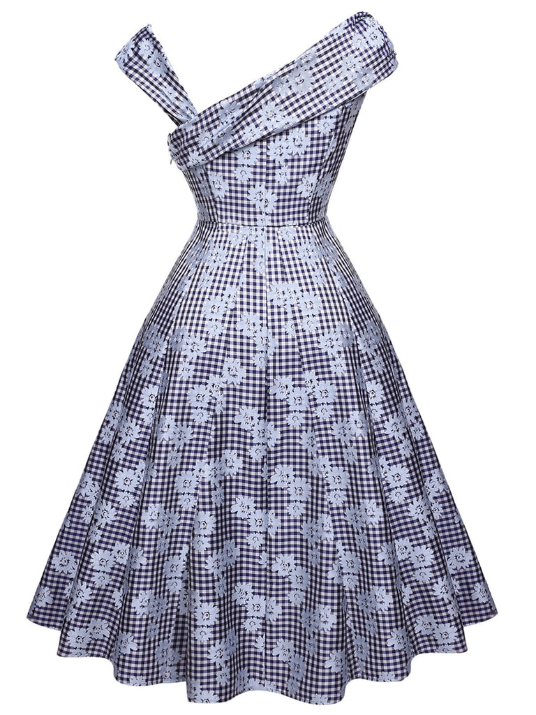 Navy Blue 1950s Off Shoulder Daisy Dress