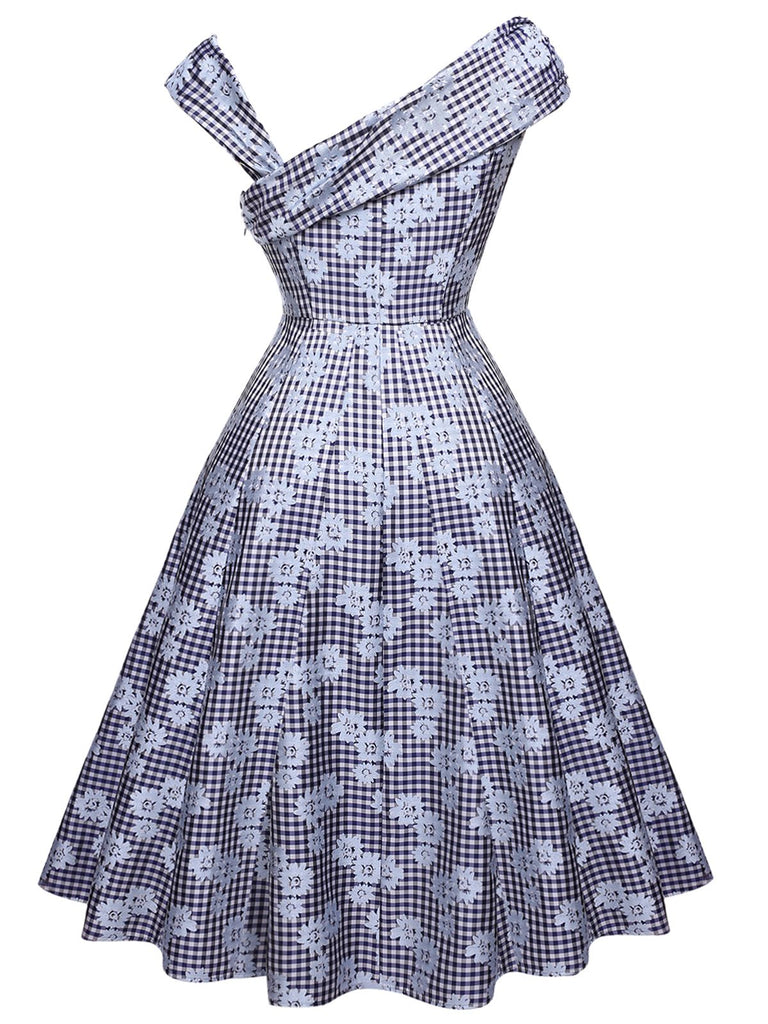 Navy Blue 1950s Off Shoulder Daisy Dress