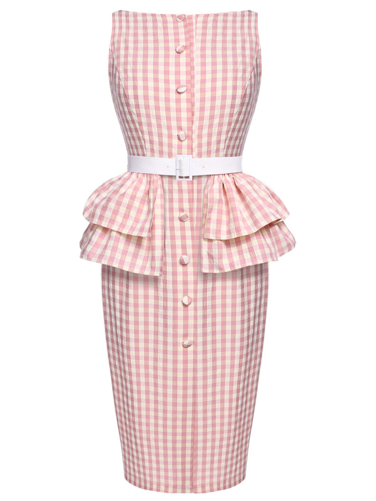 Pink 1960s Checked Belted Pencil Dress