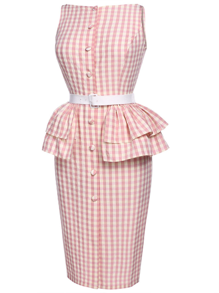 Pink 1960s Checked Belted Pencil Dress