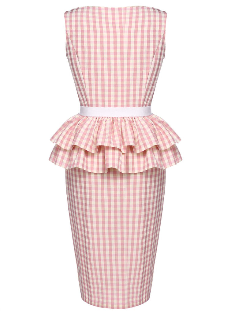 Pink 1960s Checked Belted Pencil Dress