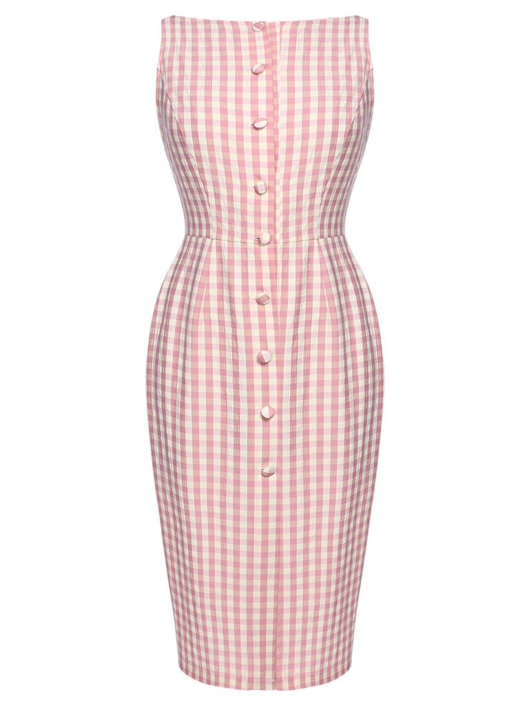 Pink 1960s Checked Belted Pencil Dress