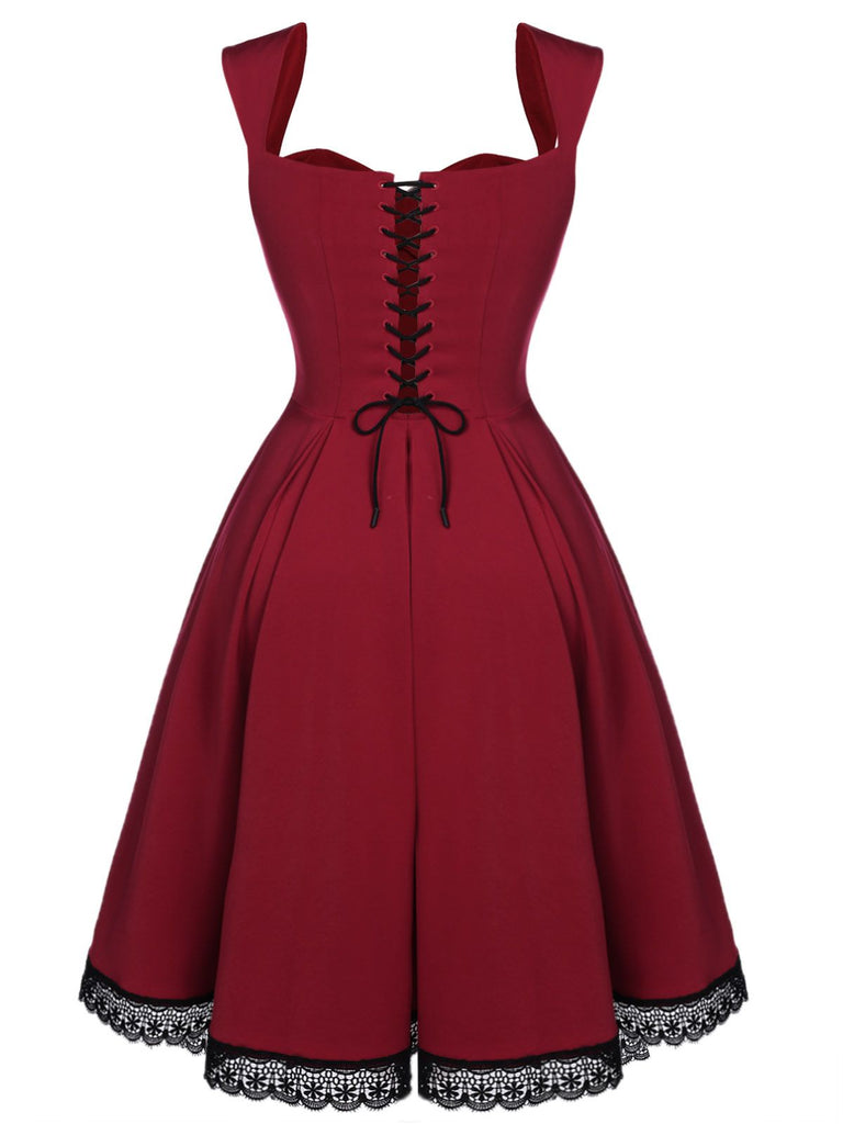 Wine red 1950s back lace up dress discount