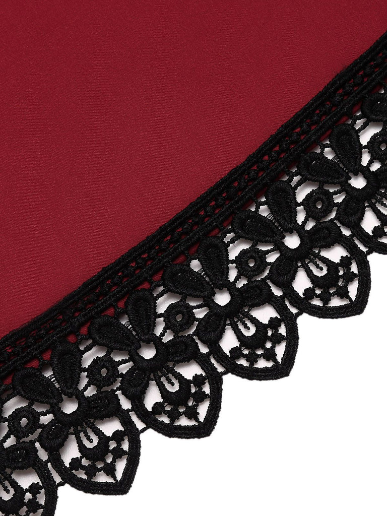 Wine Red 1950s Lace Solid Swing Dress
