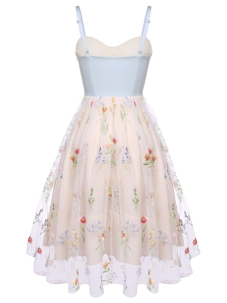 Blue 1950s Floral Embroidery Swing Dress