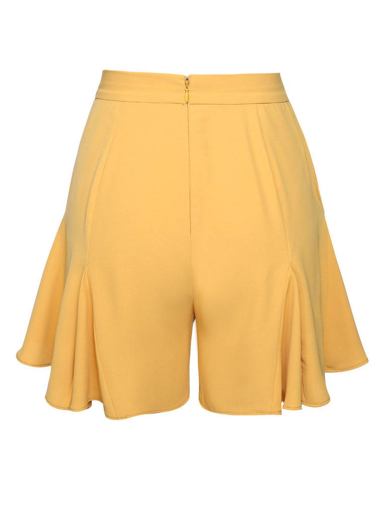 2PCS Yellow 1950s Embroidery Top & Pockets Shorts