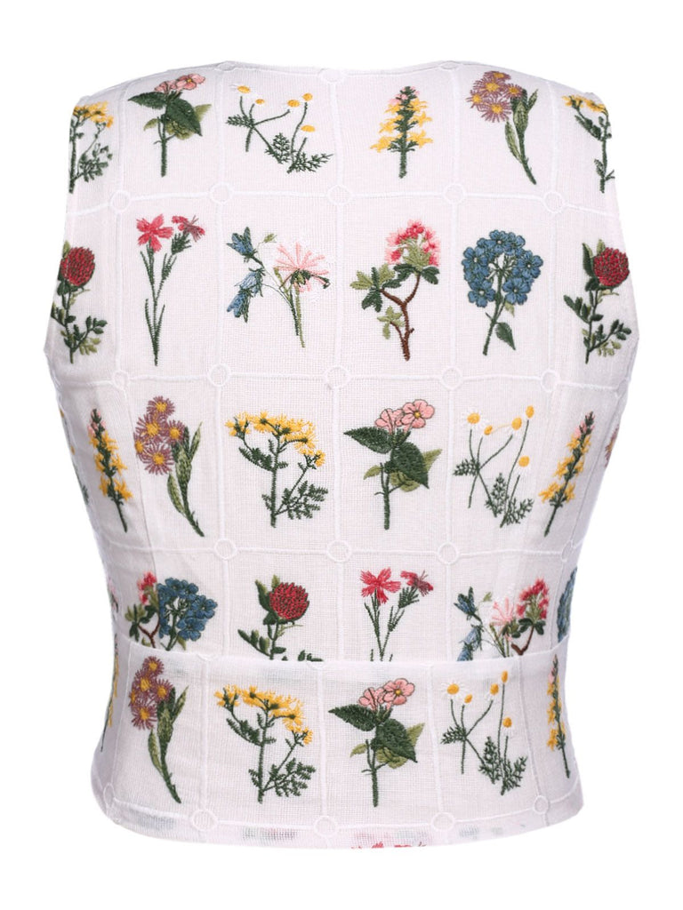 White 1950s Floral Embroidery Crop Top