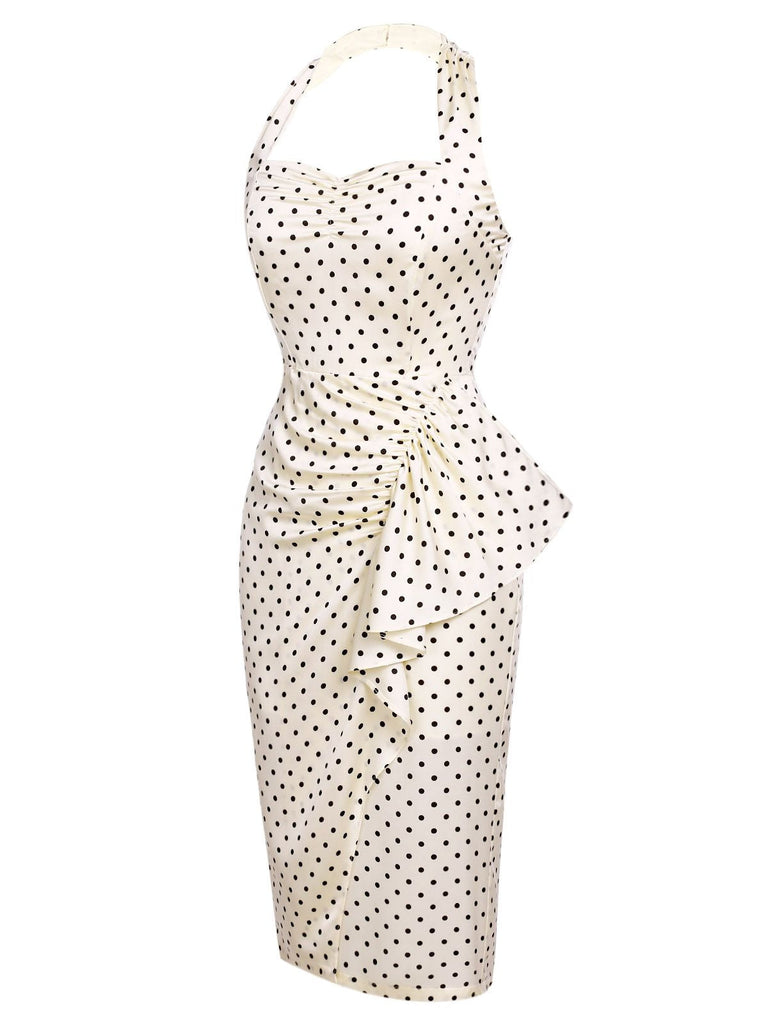 Ivory 1960s Polka Dot Halter Pencil Dress