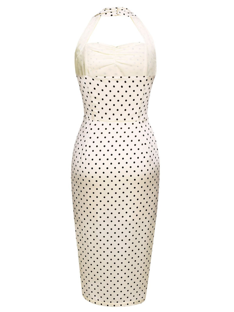 Ivory 1960s Polka Dot Halter Pencil Dress