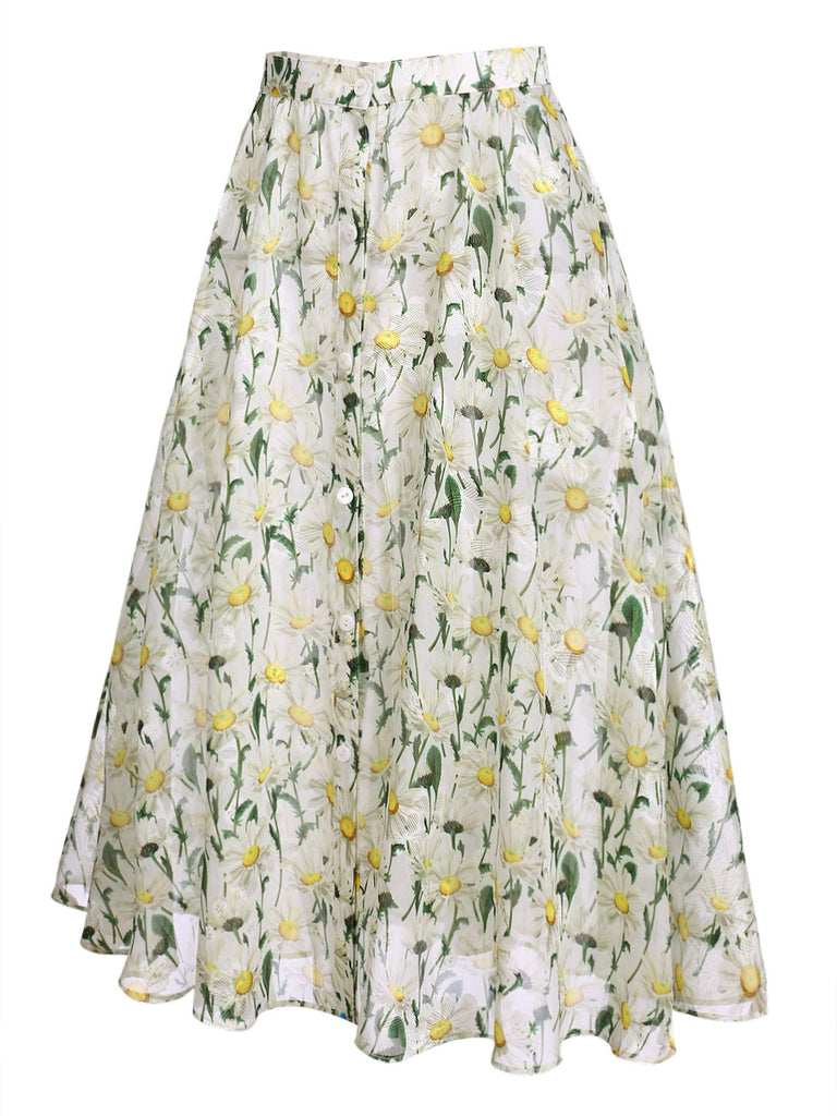 Retro White Floral Button Swing Cover-up