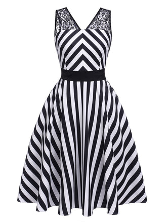 Black 1950s Stripes Lace Swing Dress