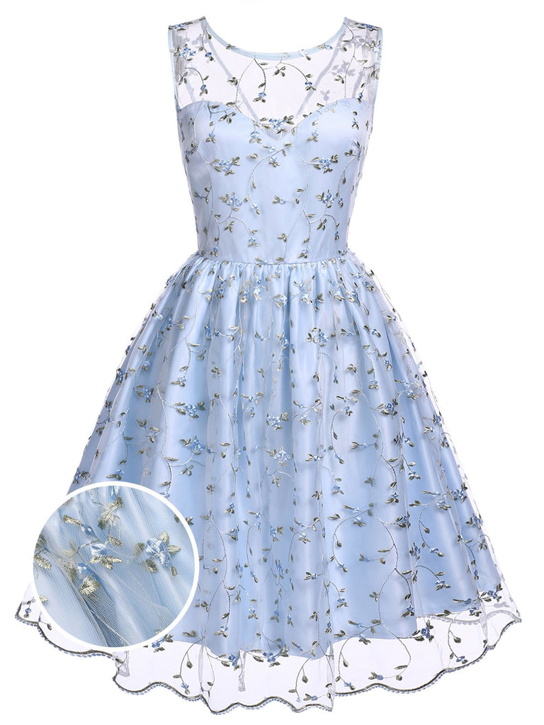 Blue 1950s Floral Embroidery Lace Dress