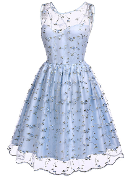 Blue 1950s Floral Embroidery Lace Dress | Retro Stage
