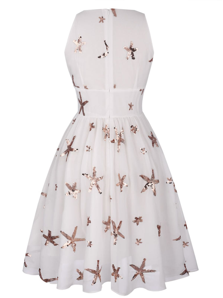 White 1950s Sequins Stars Swing Dress