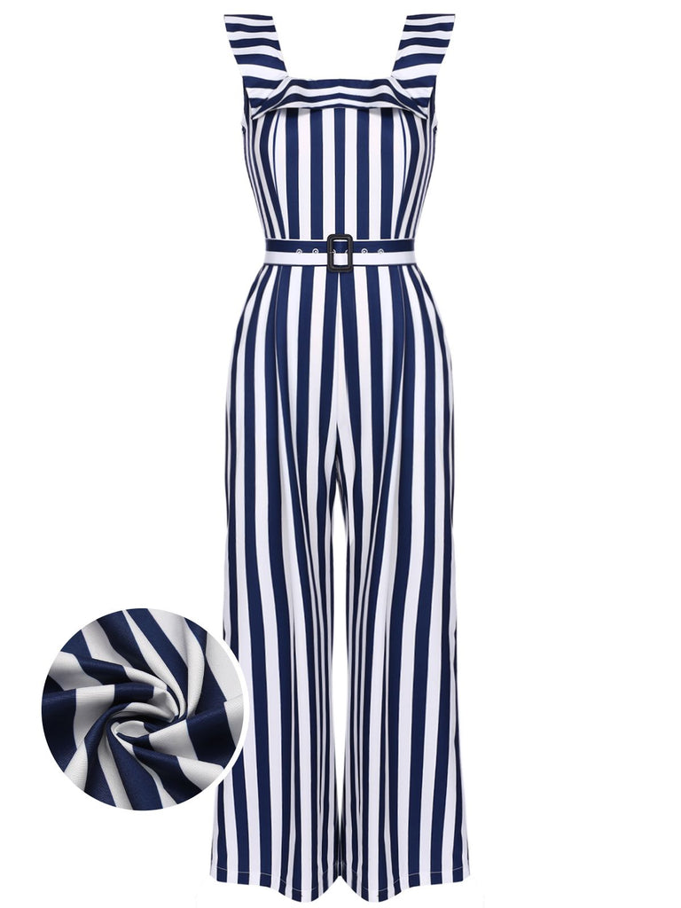 Blue 1930s Striped Ruffle Jumpsuit | Retro Stage