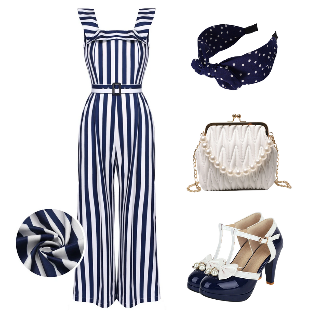 Blue 1930s Striped Ruffle Jumpsuit