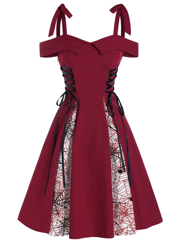 Red 1950s Patchwork Bowknot Lace-up Dress