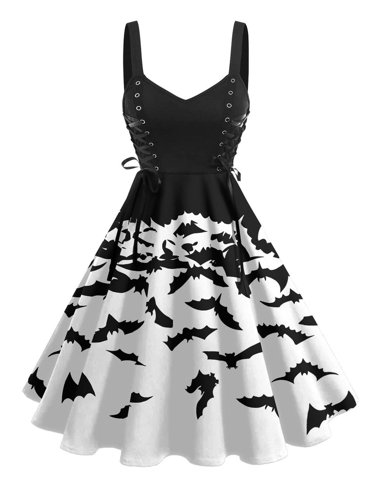 Black 1950s Patchwork Lace-up Bat Dress