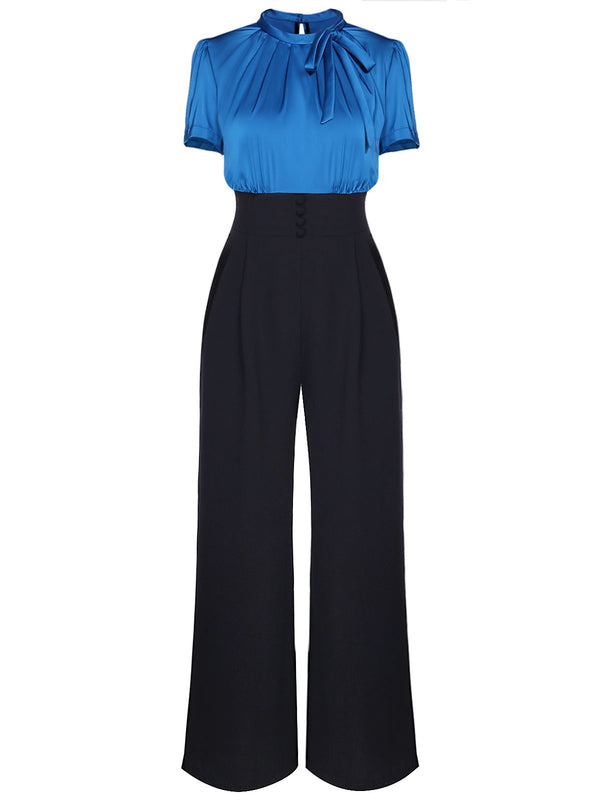 Retro Stage Women's Blue Satin Solid Wide-Leg Jumpsuit Size XL