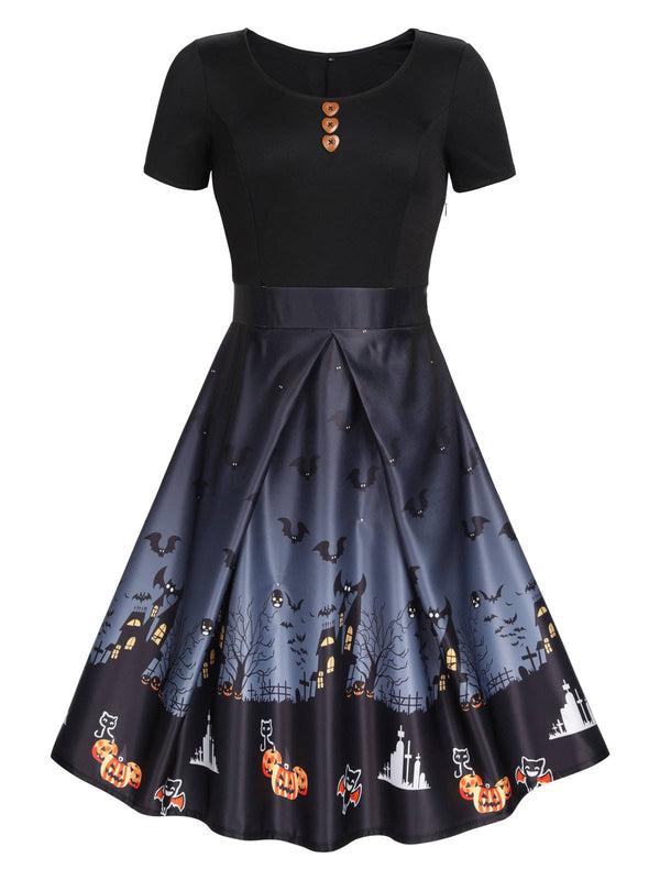 Halloween Bat Print Round Neck Patchwork Midi Dress Black