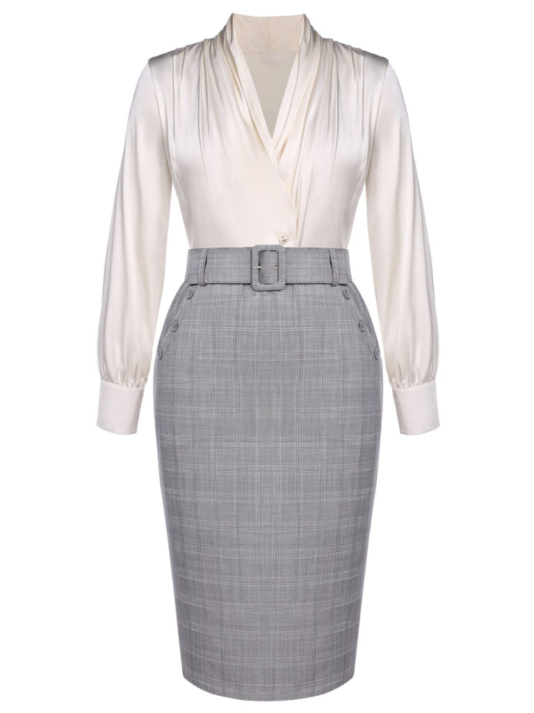 1960s Ivory Solid Blouse & Gray Retro Skirt