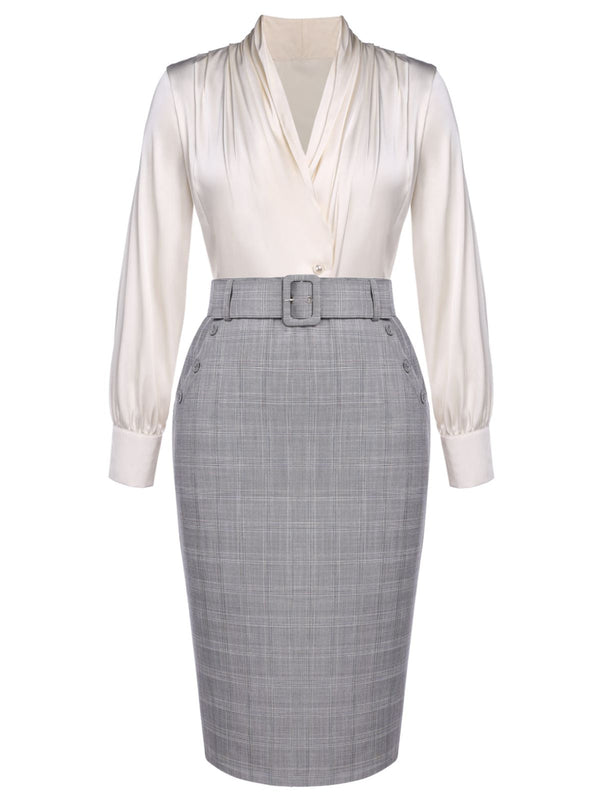 Women's 2pcs Office Pencil Skirt Suits Ivory & Grey, S