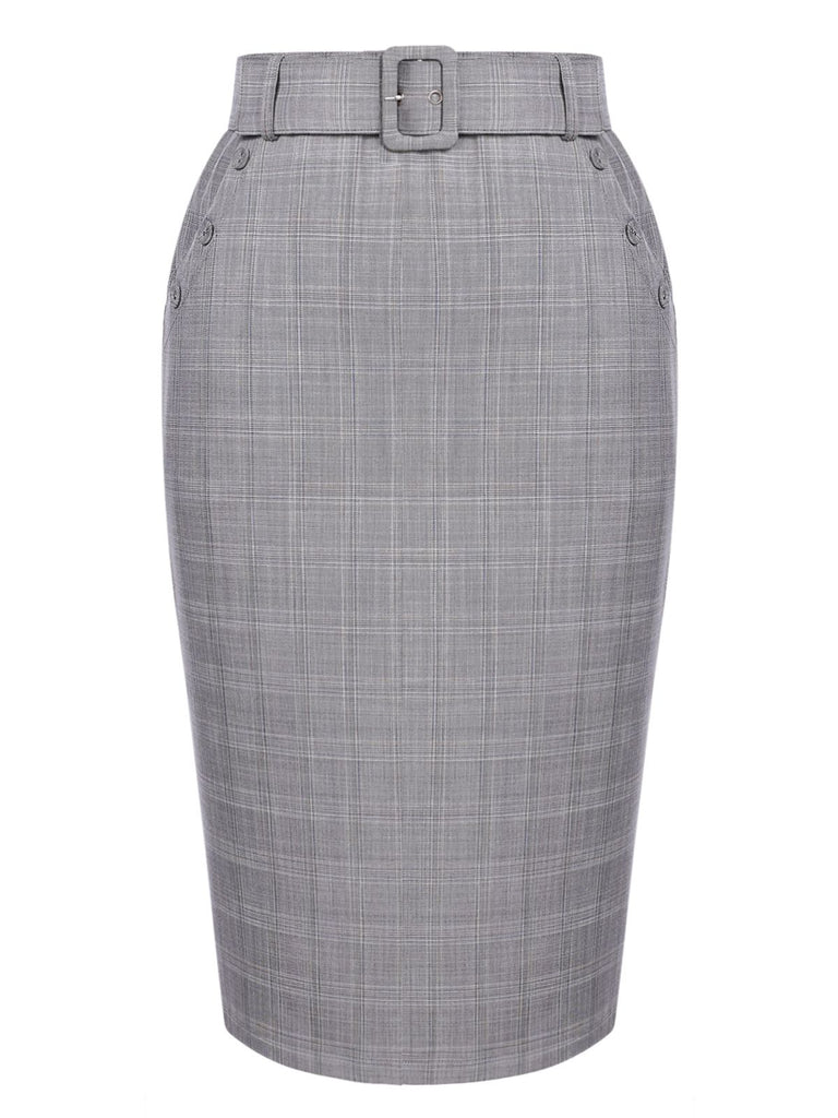 Gray 1960s Plaid Belt Pencil Skirt