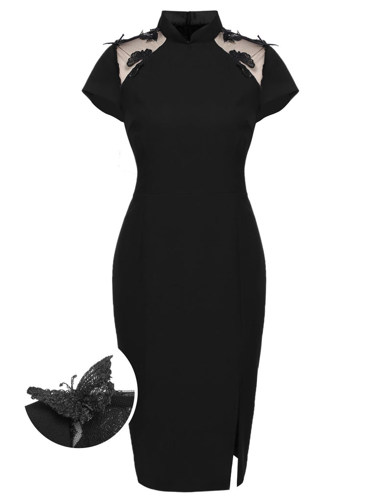 Black 1960s Butterfly Backless Pencil Dress