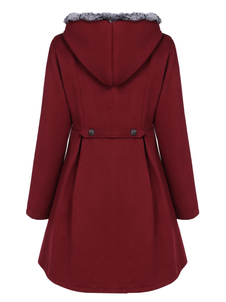 Wine Red 1950s Fur Collar Hooded Coat