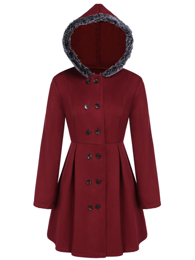 Wine Red 1950s Fur Collar Hooded Coat
