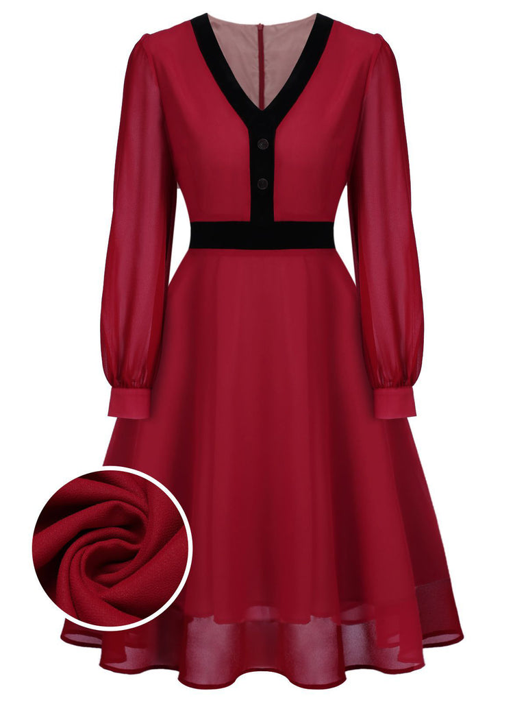 Red 1950s Solid Patchwork Swing Dress