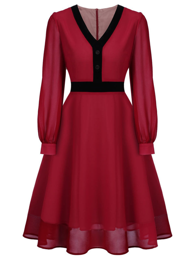Red 1950s Solid Patchwork Swing Dress