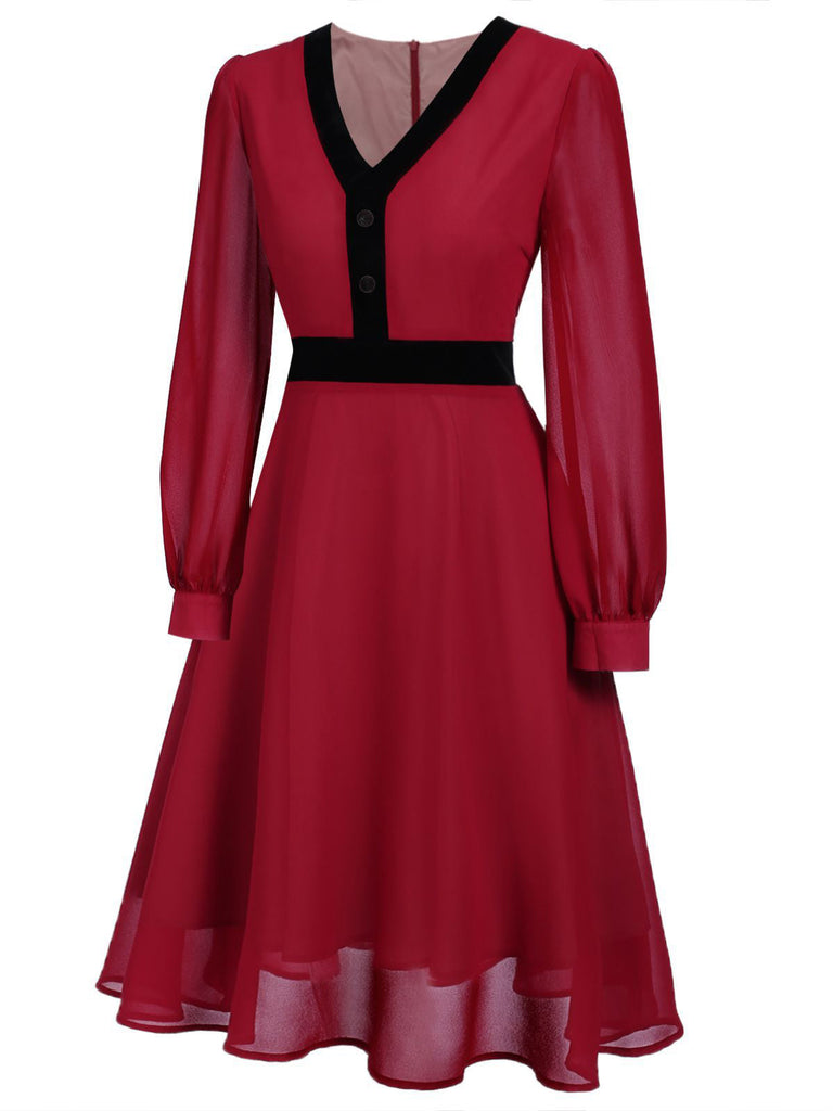 Red 1950s Solid Patchwork Swing Dress