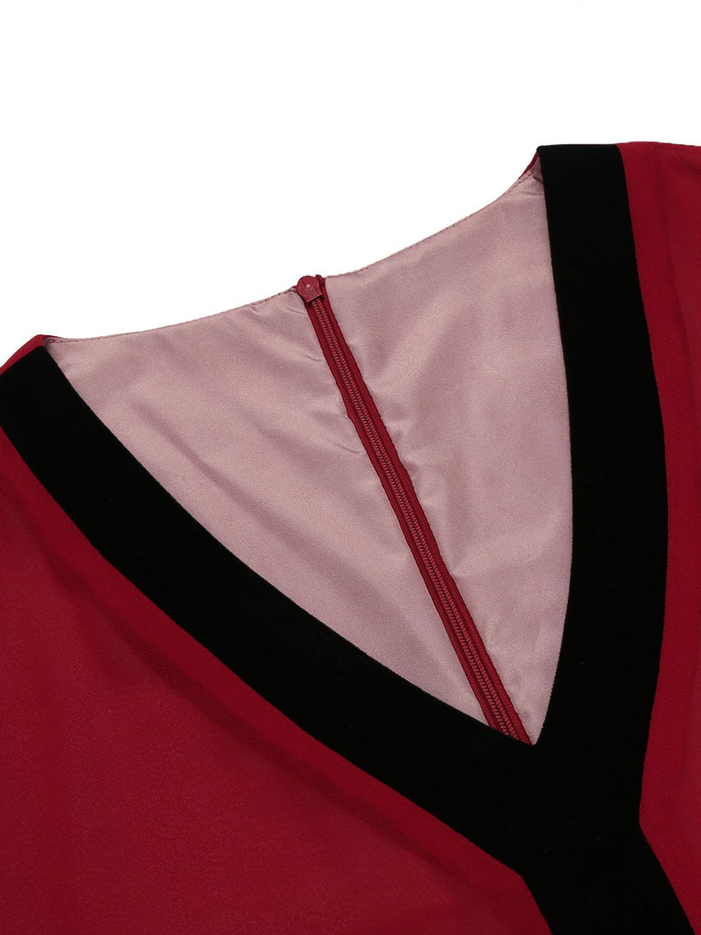 Red 1950s Solid Patchwork Swing Dress