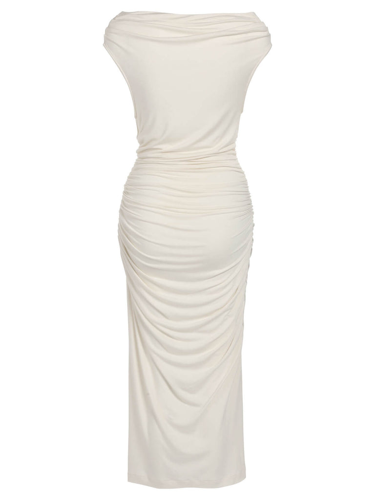 Ivory 1960s Cap Sleeve Slim Pleated Dress