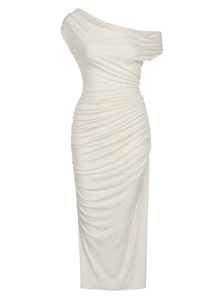 Ivory 1960s Cap Sleeve Slim Pleated Dress